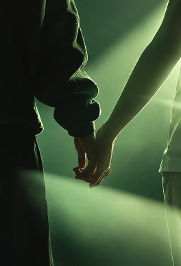 Two people holding hands in green light