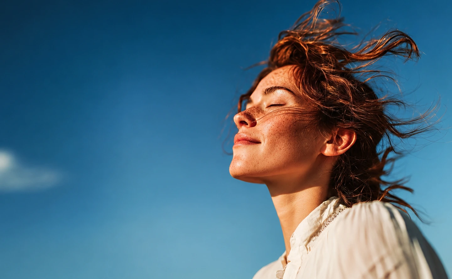 A person with eyes closed, hair moving in the wind against a clear blue sky